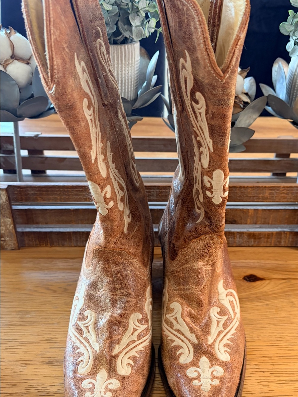 Embroidered Brown Suede Western Heeled Boots - Cream Accents